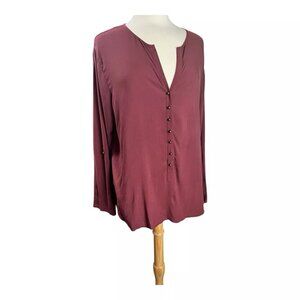 NEW Soft Surroundings Top Petite XL Burgundy Roll Tab Button Front Rayon Pleated